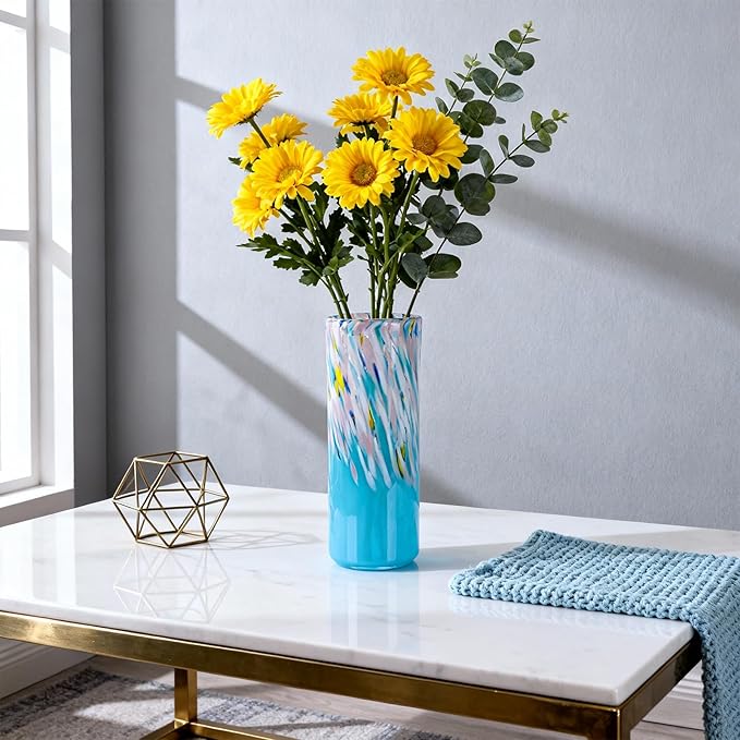 9.45" Tall Blue Vase Hand Blown Glass Vase Green, Modern Blue Home Centerpieces Wide Mouth Vases for Bud&Flower Decor - Ideal Living Room, Kitchen, Wedding, Dining Table, Office Center Table