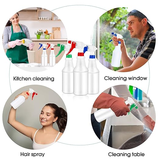 Yinder 18 Pcs 16 Oz Plastic Spray Bottle Bulk Empty Refillable Spray Bottles for Cleaning Solution Leak Proof Water Sprayer with Adjustable Nozzle Mist/Stream Mode(Red, Blue, Green)