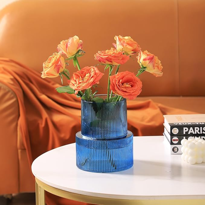 Blue Glass Vase, Ribbed Glass Vase, Fluted Glass Vase, Flower Vase for Bouquet, Ribbed Vase for Flowers, Blue Vase for Living Room, Dining Table, Entryway, Shelf, Wedding, Office,7.5 Inches