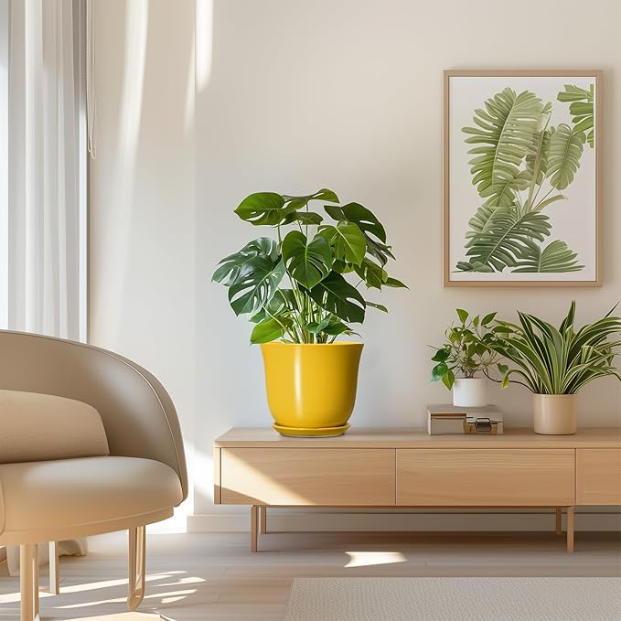 Ceramic Pots for Plants - 8 Inch Plant Pot for Indoor Outdoor, Round Planter with Drainage Hole and Tray, Decorative Flower Pot, Modern Planter, Home Patio Decor, House Warming Gift, Yellow