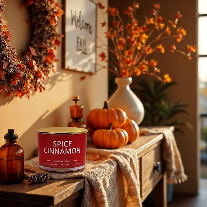 Cinnamon Spice Fall Candle, Large 3 Wick 12oz Luxury Candle, Elegant Autumn Gift for Women & Men, 60+ Hour Burn Time & Non-Toxic, Cozy Fall & Halloween Home Decor