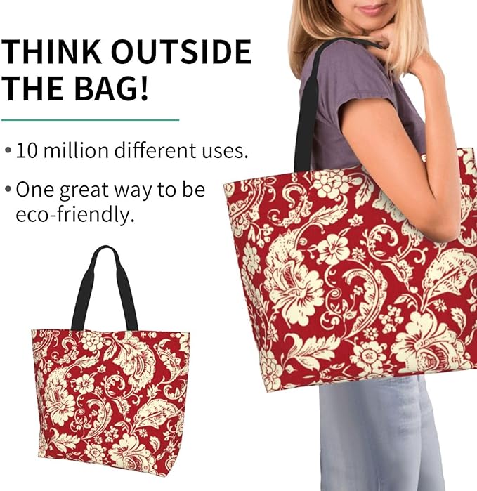 Tote Bag Shoulder Bags for Women Grocery Shopping Bag Reusable Bags Boho-Red Paisley 1