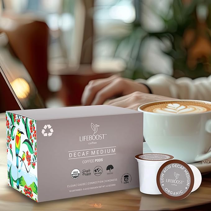 Lifeboost Organic Decaf Coffee K Cups - Low Acid Single Origin Non-GMO Mold Free Decaf Coffee Pods Compatible with Keurig & Keurig 2 - Third Party Tested for Mycotoxins and Pesticides - 10 Count