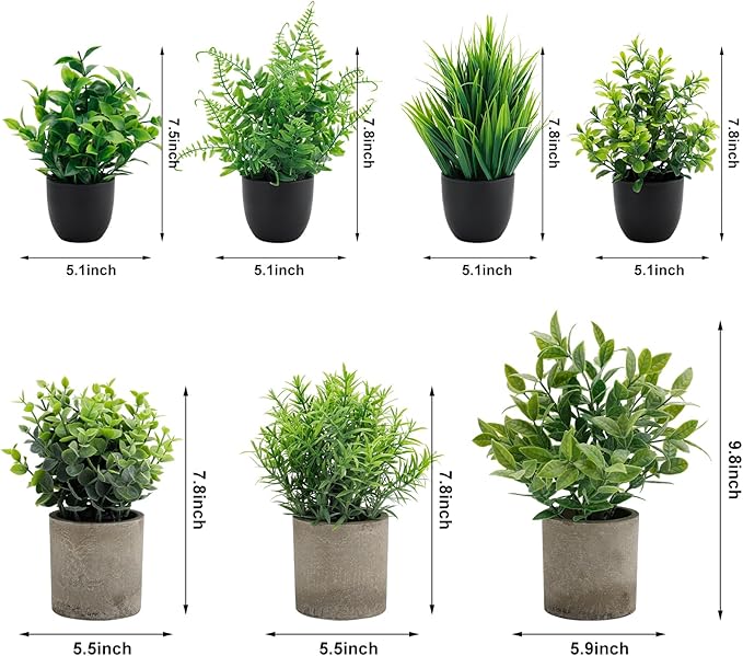 Artificial Potted Plants Faux Greenery in Cement Pots for Shelf, Bookshelf, Office or Home Decor, Small Decorative Fake Plants for Modern Indoor Display (7, XXL)
