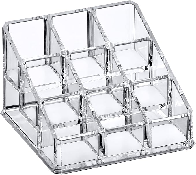 Amazing Abby - Glamour - 9-Slot Acrylic Nail Polish Organizer, Lipstick Holder, Lip Gloss Organizer, Cosmetic Storage Display, Perfect Storage Solution for Drawer, Vanity, Bathroom, and More