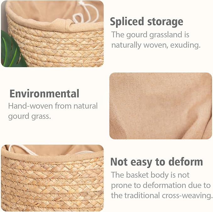Round Gourd Grass Woven Storage Basket with Liner - Small Woven Baskets for Organizing Kitchens Closet Shelves Bathrooms and Laundry Rooms - Round Basket (One Large)