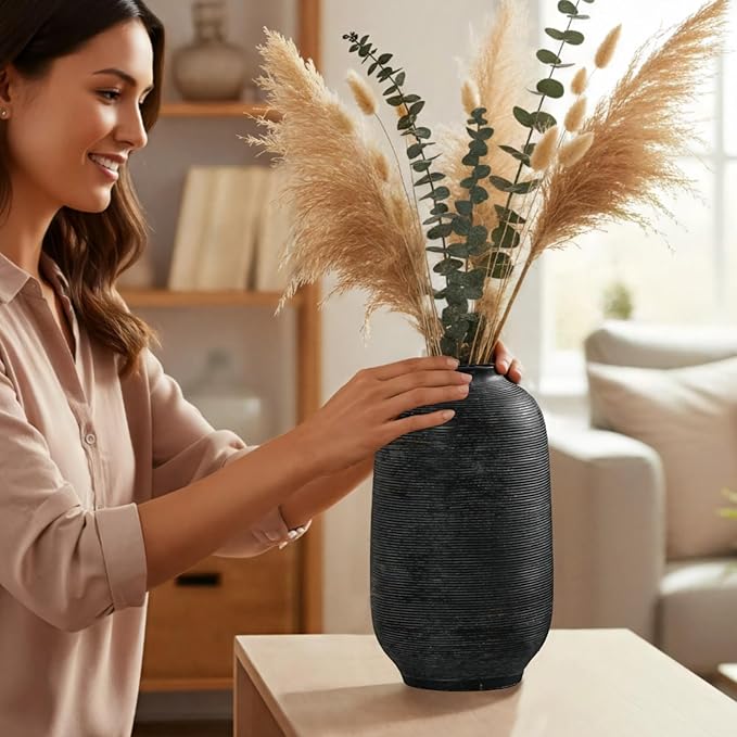 Large Tall Ceramic Vase, 10.8 inch Bronze Minimalist Textured Flower Vase, Rustic Farmhouse Decor for Home, Living Room, Shelf, Table, Bathroom & Entryway Decoration (Black Bronze)