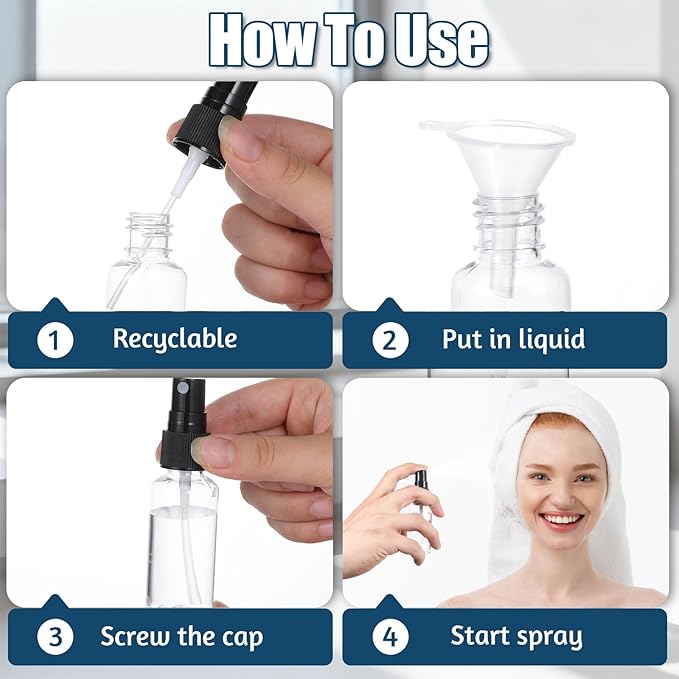 SHENLIU 100 Pcs Mini Clear Spray Bottles 1 oz Plastic Empty Travel Bottle Fine Mist Small Spray Containers with 2 Pcs Funnels Refillable Liquid Travel Containers for Perfume Skin Toner Essential Oils