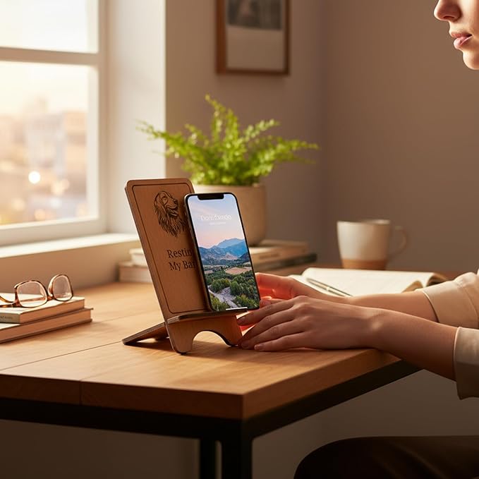 Design Your Own Phone Stand Personalized Wooden Holder Custom Pet Name Engraved Handmade Desk and Home Accessory Gift (Resting My Barks Golden)