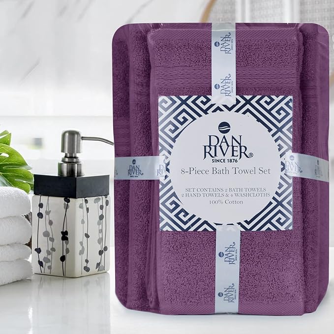 DAN RIVER 8 PC Luxury Bath Towels for Bathroom, 2 Bath, 2 Hand, and 4 Wash Cloths, 600 GSM 100% Ring Spun Cotton Towel Set, Highly Absorbent, Gym, Hotel, and Spa, Purple