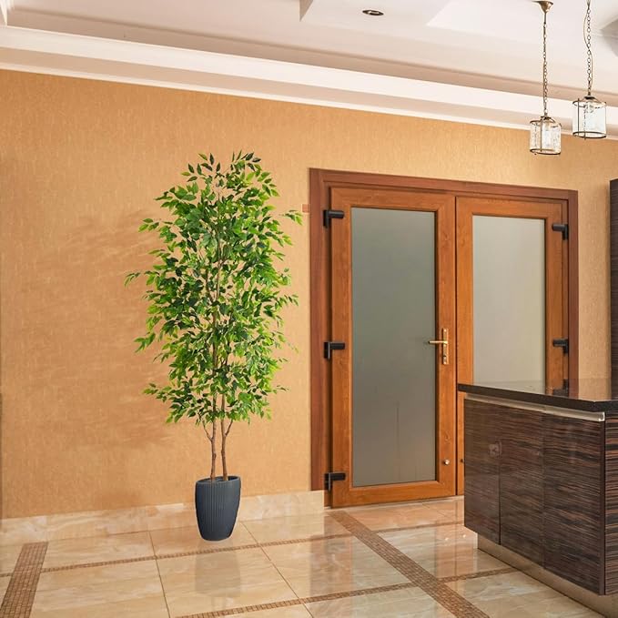 8ft Artificial Ficus Tree, 96” Realistic Ficus Leaves Large Fake Plant with Basket, Indoor Outdoor Potted Faux Tree for Home Garden Office House Livingroom Décor