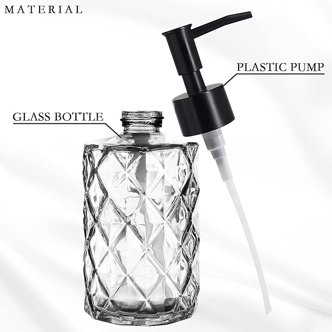 2Pcs Clear Glass Soap Dispenser with Pump, 11oz Diamond Design Refillable Soap Dispenser for Hand Wash, Dish Wash for Dishwashing Liquid, Lotions, Essential Oil