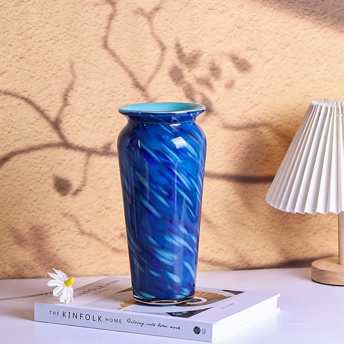 Blown Glass Blue vase, Blue Home Decor, Modern Art Wide Mouth vase for Living Room Dining Table Coffee Table entryway TV Stand nightstand Centerpiece.