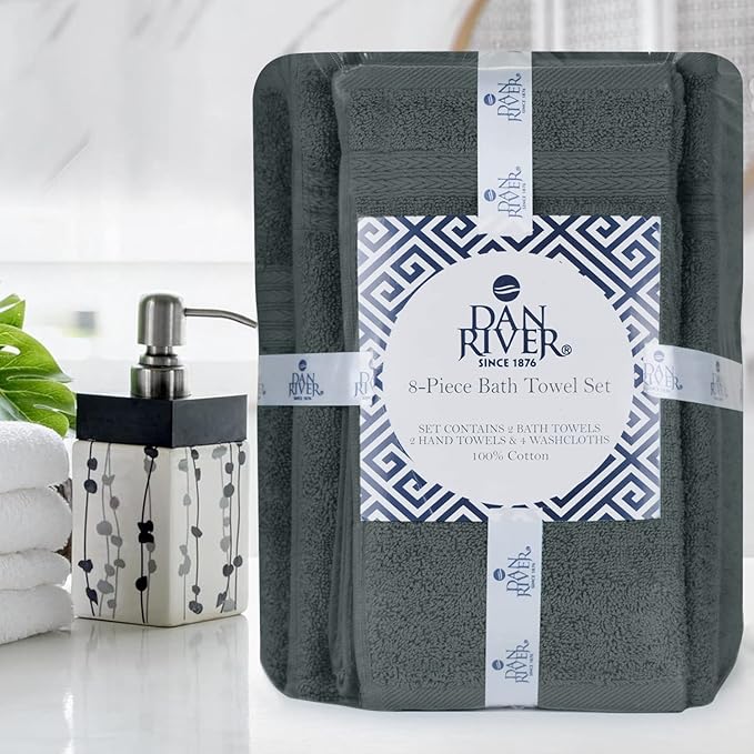 DAN RIVER 8 PC Luxury Bath Towels for Bathroom, 2 Bath, 2 Hand, and 4 Wash Cloths, 600 GSM 100% Ring Spun Cotton Towel Set, Highly Absorbent, Gym, Hotel, and Spa, Grey