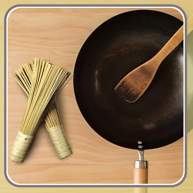 4 Pcs 12 Inches Bamboo Wok Brush Bamboo Kitchen Cleaning Brush Pot Scraper Scrubber Dish Pan for Cooking Skillet Grill Utensils Scrubbing