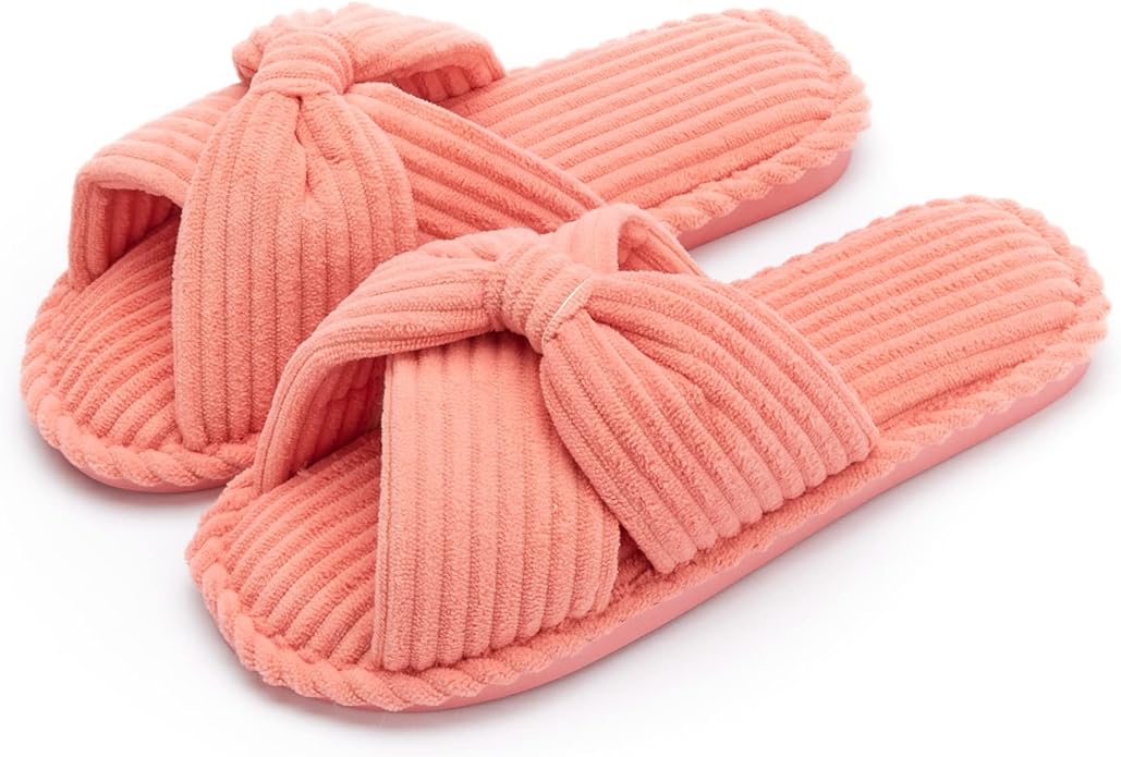 Chantomoo Slippers for Women Memory Foam House Womens Slipper Slides Home Bedroom Bathroom Spa Open Toe Corduroy Bow Slippers Cozy Comfortable