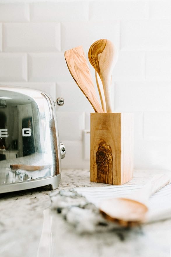 TRAMANTO Olive Wood Utensil Holder - Compact 3 x 3 Inch Square Wooden Crock for Kitchen Tools and Cooking (6 Inch Tall)
