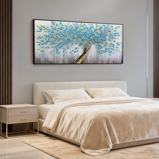 Tree of Life Large Abstract Vintage Blue Framed Canvas Wall Art, Modern Abstract Textured Painting, Large Framed Panoramic Landscape Artwork for Living Room, Bedroom, Office, Home Decor 60"x30"