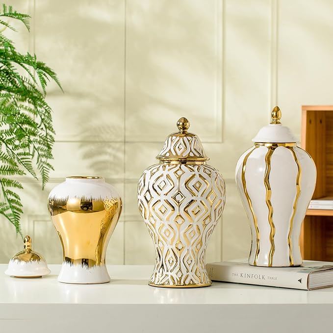 White and Gold Vase with Lid, Ginger Jars for Home Decor, Ceramic Flower Vase for Home, Kitchen, Bookshelf Decor, Storage jar, Table Center Vase, Centerpieces Jarrones(12.59in)
