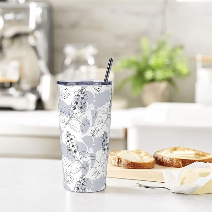 Gray flower Tumbler,Flowers 20oz Stainless Steel Insulated Travel Tumblers,Travel Coffee Mug with Lid and Straw Water Bottle Drink Tumbler Cups Gifts for Women Men Lovers