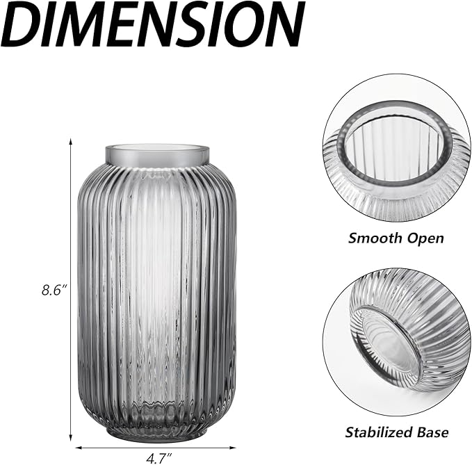 Ribbed Glass Vase, Black Flower Vase for Bouquet, Glass Vases for Flowers, Modern Vases for Living Room, Bedroom, Kitchen, Dining Table, Office, Wedding, 8.6 Inches