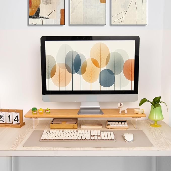 Bamboo Monitor Stand Riser with Acrylic Legs for Desk, 31.5 Inches Desktop Shelf Supports for PC Computer Monitor, Laptops, Printer, Speakers (Natural)