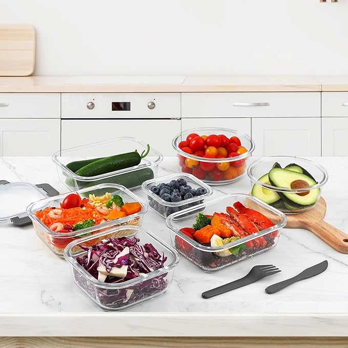 VERONES 12 Packs Glass Food Storage Containers Set, Airtight Glass Lunch Containers, Glass Meal Prep Containers with Lids,Exclusive of BPA, for Microwave, Oven, Freezer & Dishwasher Friendly,Grey