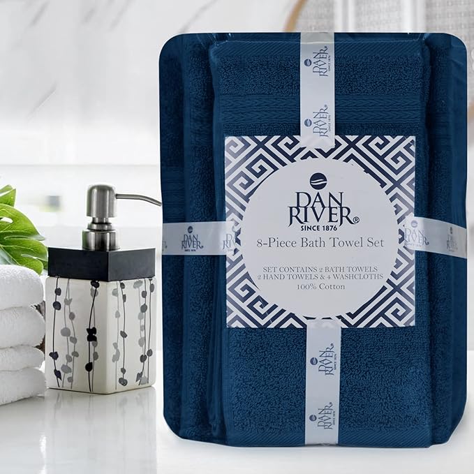 DAN RIVER 8 PC Luxury Bath Towels for Bathroom, 2 Bath, 2 Hand, and 4 Wash Cloths, 600 GSM 100% Ring Spun Cotton Towel Set, Highly Absorbent, Gym, Hotel, and Spa, Blue Opal