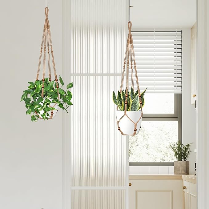 Jute Macrame Plant Hanger Indoor Set of 4 Hanging Planter Basket Flower Pot Holder with Decorative Wood Beads & No Tassels for Indoor Outdoor Boho Home Decor, 35 Inch Brown (Pots Not Included)