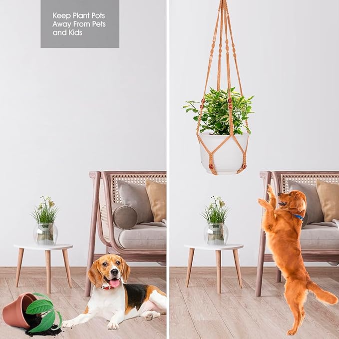 Macrame Plant Hanger for 5 to 10 Inch Plant Pots, Set of 2 Indoor Handmade 35 Inch Woven Rope Hanger Kits with Hooks and Wood Beads, Hanging Planter Basket Holder for Boho Home Decor (Brown, 2 Pack)