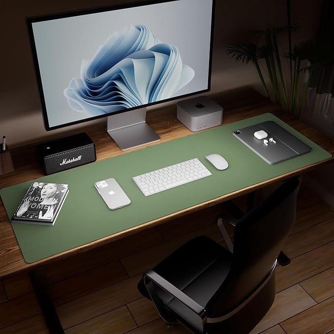 Aothia Leather Desk Pad Protector, Office Desk Mat, Large Mouse Pad, Laptop Desk Pad, Non-Slip PU Leather Desk Blotter, Waterproof Desk Writing Pad for Office and Home (Olive Green, 47" x 17")