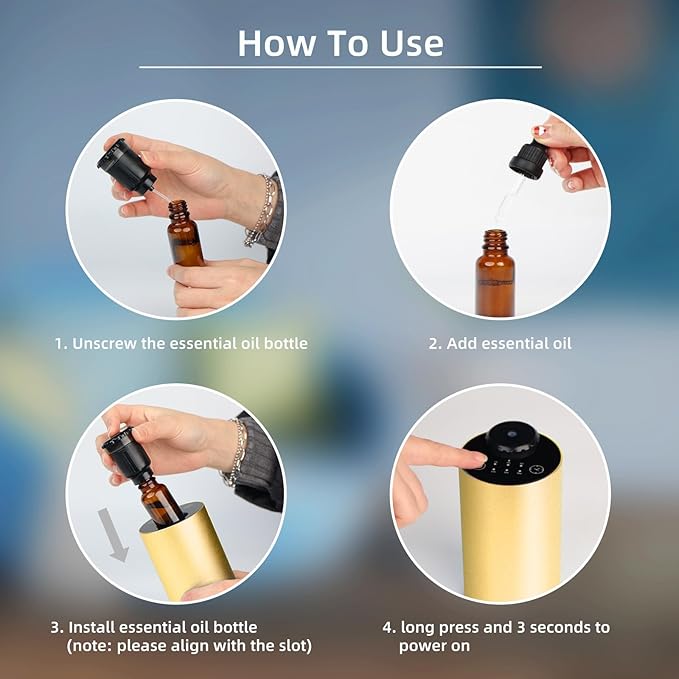 Waterless Essential Oil Diffuser for Home Battery Operated Cordless Scent Diffuser with Timing & 3 Mist Levels car Diffuser, Aluminum Alloy