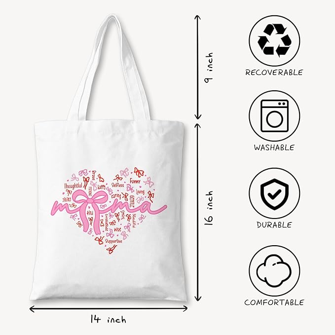 Pink Bow Mama Tote Bag, Practical Mother's Day/Birthday/Christmas Gift, Cute Canvas Bag, Reusable Shopping Bag for Mom, Grandma. (077)