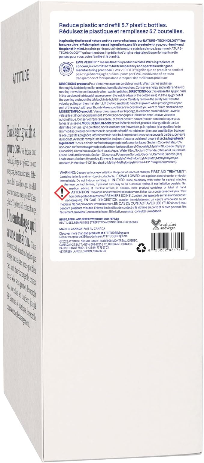 ATTITUDE Dish Soap Refill, EWG Verified, Plant-Based & Vegan Dishwashing Liquid, Naturally Derived, Green Apple & Basil Scent, 135.3 Fl Oz