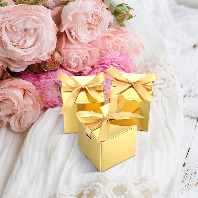48 Pcs Christmas Gift Boxes with Ribbon Small Party Favor Boxes with Lids Mini Treat Candy Container for Wedding, Party, Birthday, Valentine's Day and More(Gold,6 Inch)