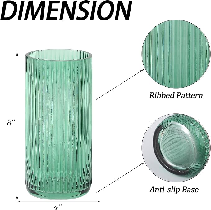 Ribbed Green Glass Vase - 8 Inch Modern Ribbed Vase for Flowers, Living Room, Bathroom, Dining Table, Office, Wedding, Centerpieces