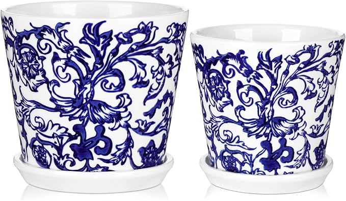 Blue and White Ceramic Planters Pots, Ceramic Flower Pots with Drainage Hole & Saucer, Indoor/Outdoor Ceramics Plant Pot for Succulents, Cactus, Flowers, Garden Home Tabletop Decor, 5+4 Inch Set of 2