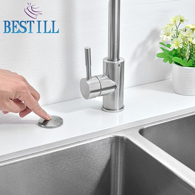 BESTILL Garbage Disposal Air Switch Kit - UL Certified, Brass 2.95" Short Sink Top On/Off Switch Button for Food Waste Disposer, Brushed Nickel, Compatible with all Garbage Disposals