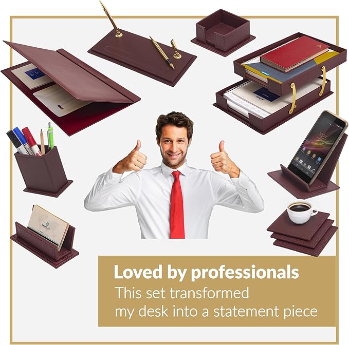MOOGCO Bonded Set Luxury Leather Desk Pad & Desk Organization Essentials Desk Organizer Leather Desk Organizer (Burgundy)