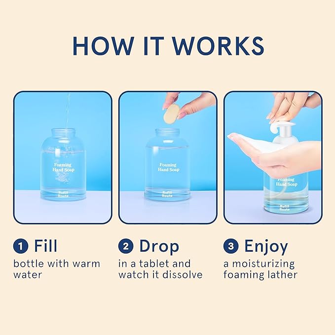 Foaming Hand Soap Refills & Dispenser Glass, 12 Hand Soap Tablets+1 Foaming Dispensers+2 Microfiber Cloths, Make 96 fl oz(12 x 8) - No Plastic, Vegan, Cleansing & Moisturizing, Lemon Scent
