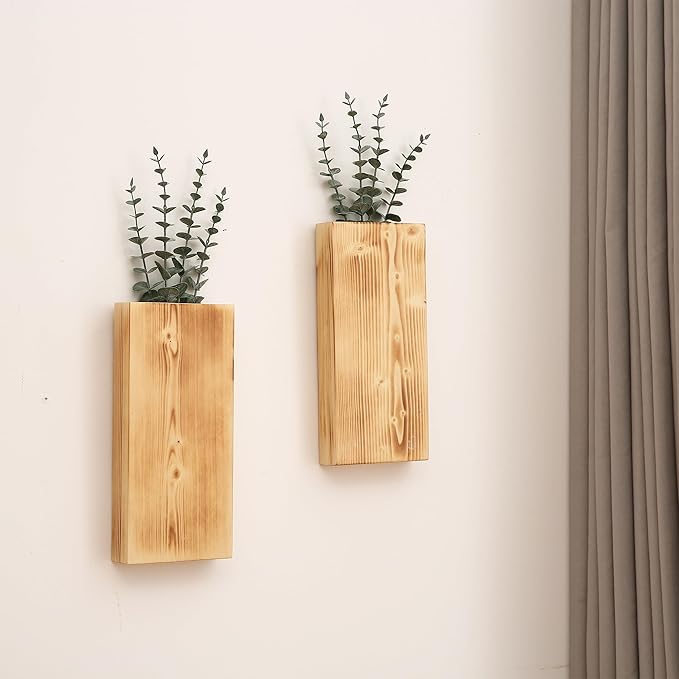 Wood Wall Planter Set of 2, Wood Wall Pocket for Greenery and Dried Flowers, Indoor Wood Hanging Vase, Modern Farmhouse Wall Decor for Living Room Bedroom Office Eucalyptus Stems Decorations (Retro)