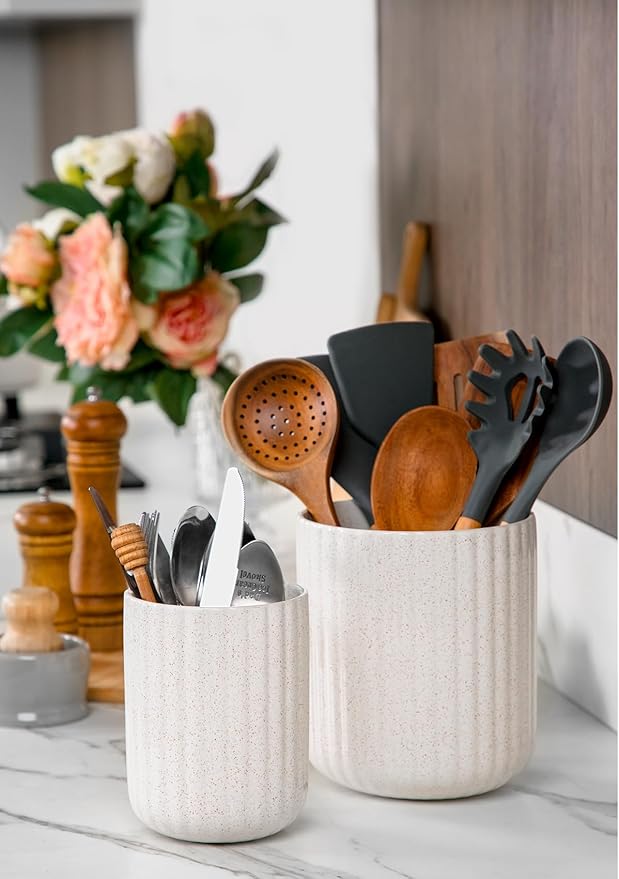Nucookery Ceramic Utensil Holder Set for Kitchen Countertop, 7.2"+6.1" Large Cooking Utensil Crocks for Counter, Farmhouse Kitchen Decor, Set of 2 (Sand)