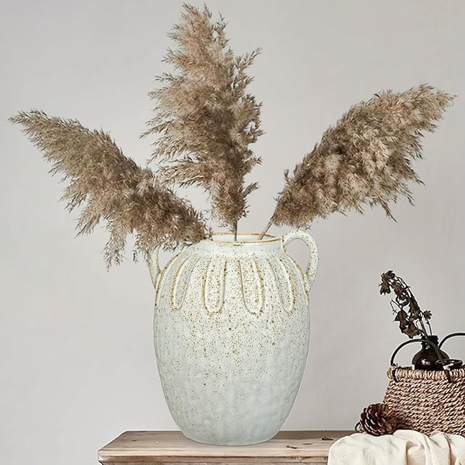 Ceramic Vase with 2 Handles,7.8 Inch Rustic Farmhouse Boho Vase for Home Decor, Petal-Like Pluting Vintage Vase for Flower, Centerpiece Table Decoration