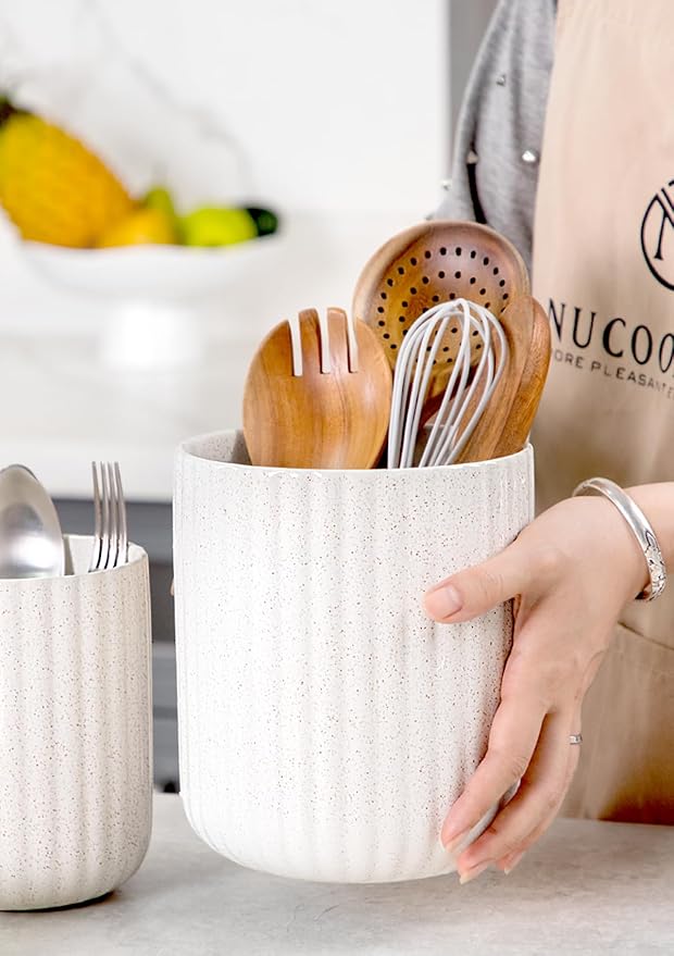 Nucookery Ceramic Utensil Holder for Countertop, 7.2" Large Cooking Utensil Crocks for Kitchen Counter, Farmhouse Kitchen Decor (Sand)