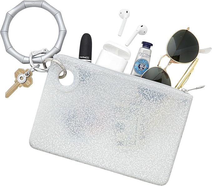 Oventure Large Silicone Pouch - Quicksilver Confetti Glitter | Waterproof Zipper Bag & Holiday Gift for Women, Makeup & Travel