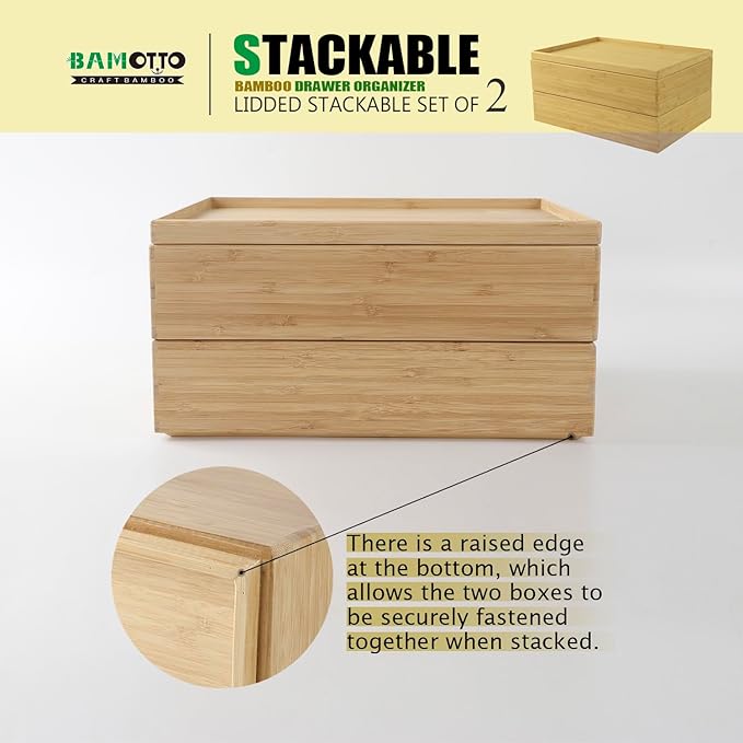 Stackable Bamboo Drawer Organizer Set – 2 Boxes with 1 Lid | Wood-Laminated Trays for Kitchen Utensils, Silverware & Flatware – Fits Cabinets, Pantry, Bathroom & Office | 14.6"x10.2" (2-Pack)
