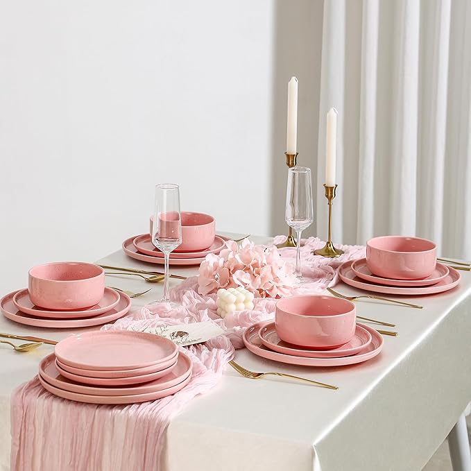 GZG Modern Art Series - 6 Pcs Speckled Stoneware Plates and Bowls Sets, Ceramic Dinnerware Set with Rustic Terracotta Underside, Microwave and Dishwasher Safe Handcrafted Dishes Set - Blush Pink