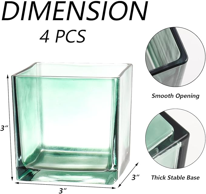 Square Flower Vases Set of 4, 3"x 3"x 3" Glass Vases for Centerpieces, Green Vase for Flowers, Small Vase for Wedding, Party, Home Office Decoration
