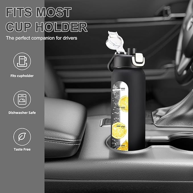 24 oz Glass Water Bottles with 2 Lids-Handle Spout Lid & Straw Lid, Motivational Water Bottle with Time Marker and Silicone Sleeve,Leakproof-Black-1 Pack