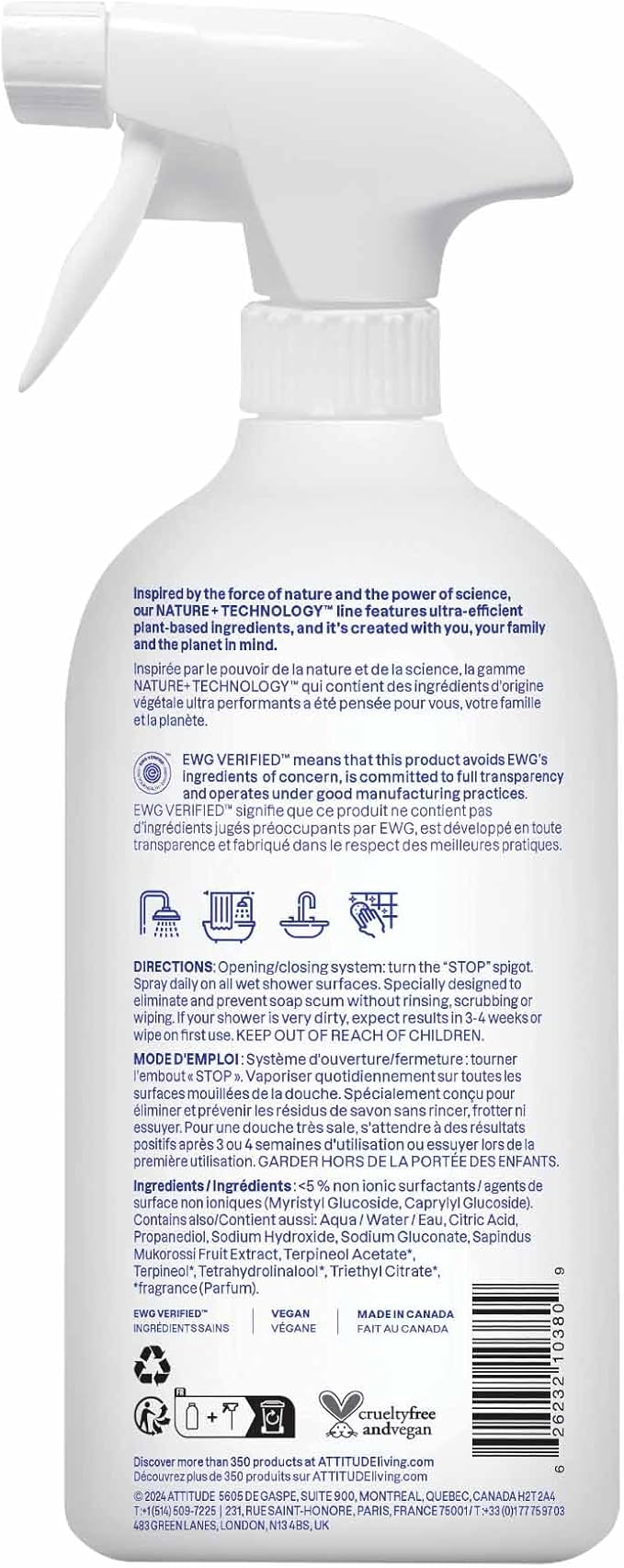 ATTITUDE Shower & Tile Cleaner, EWG Verified, Plant-Based & Vegan Bathroom Spray, Removes Soap Scum & Grime, Citrus Zest Scent, 27.1 Fl Oz